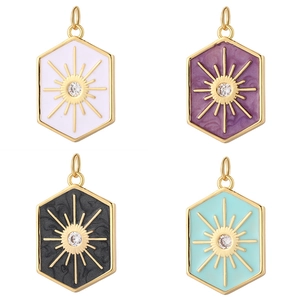 Hexagon Sun Starburst Charms Pendants Enamel 14K Gold Plated Brass Cubic Zirconia Vintage DIY Jewelry Making