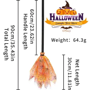 Detailed dimension guide for Halloween witch broom with orange mesh and LED lights