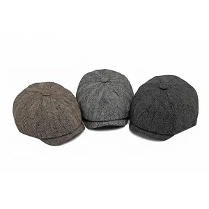 Three men's herringbone newsboy caps in brown, light grey, and dark grey tones