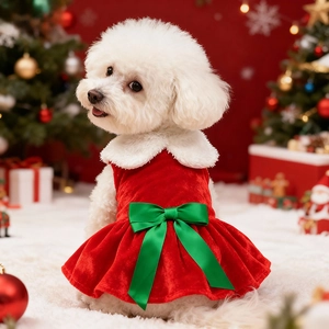Classic red velvet Christmas dog dress with white fur collar and green satin bow