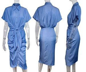 Three-view display of blue denim shirt dress with waist tie and pleated details