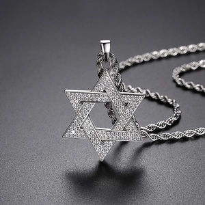 Silver Star of David pendant necklace with shimmering crystals and a twisted rope chain