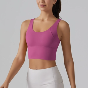 Front view of high-elasticity rose purple V-back yoga bra with wide straps and U-neckline