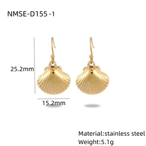 Gold stainless steel shell drop earrings with technical dimensions and product specs
