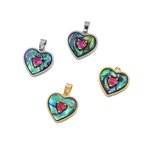 18K gold plated heart pendant with abalone shell and red gemstone for jewelry making