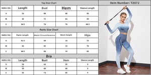 Guide des tailles détaillé pour ensemble de yoga dégradé avec haut, pantalon et brassière