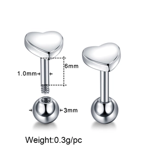 Minimalist heart-shaped stainless steel stud earring with screw ball back sizing details