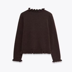 Minimalist coffee brown knit sweater featuring tiered ruffles on neckline and cuffs