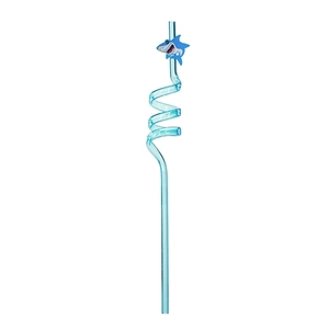 Blue spiral reusable plastic straw featuring a cute cartoon shark for kids' parties