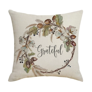 Linen Thanksgiving pillow cover with Grateful text and autumn wreath print