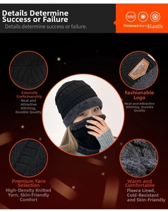 Detail of winter knit hat with soft fleece lining, thick texture and leather logo patch