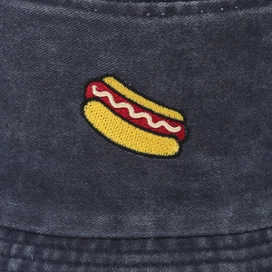 Washed denim bucket hat with detailed hot dog embroidery and vintage blue fabric texture