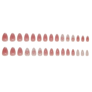 Pink gradient almond press-on nails with floral pattern and blooming effect, 30 pieces