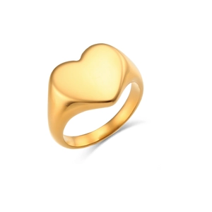 Polished 18K gold plated stainless steel heart signet ring on white background