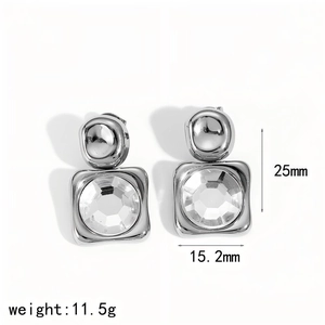 Detail view of silver square stud earrings with 25mm height and 15.2mm width dimensions