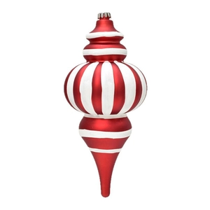 Red and white striped Christmas finial ornament with a silver cap for holiday decor