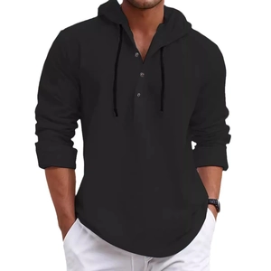 Men's black cotton hooded henley sweatshirt with three buttons and drawstring