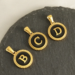 Round Initial Pendant Necklace Stainless Steel 18K Gold Plated Black Enamel Alphabet Letter Beaded Edge Jewelry Women