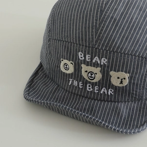 Baby striped baseball cap with cute bear embroidery and Bear the Bear text in grey