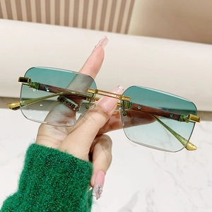 Rimless Rectangular Sunglasses Wood Grain Texture Temples Gold Metal Frame Gradient UV400 Protection Unisex