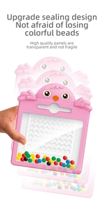 Detail showing bird-shaped magnetic drawing board with secure sealed design and colorful beads