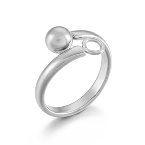 Detailed view of polished silver ring base featuring a unique bead and dangle loop design