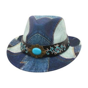 Vintage kids western denim sun hat with floral embroidery and turquoise centerpiece
