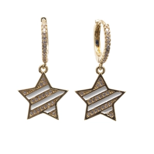 Gold star hoop earrings with micro-pave cubic zirconia and white enamel star charms