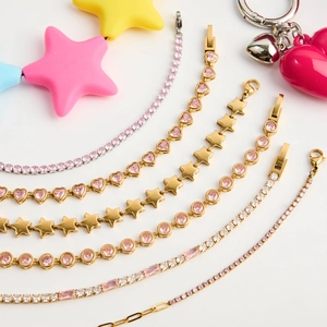 Luxury stainless steel heart and star bracelets with pink zircons for women