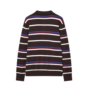 Rückansicht von Damen Langarm-Polo-Strickpullover mit Vintage-Streifen in Dunkelbraun