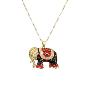 Gold elephant pendant necklace with colorful enamel and zircon stones on white background