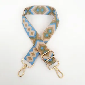 Detailed view of colorful geometric jacquard canvas strap with golden metal swivel hooks
