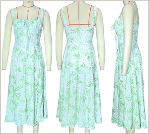 Three-way view of white floral summer dress featuring drawstring bow and thin straps