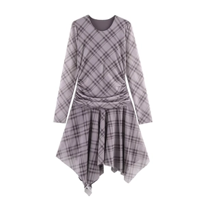 Plaid Mesh Long Sleeve Ruched Asymmetrical Round Neck Bodycon Mini Dress Women Sexy Fashion