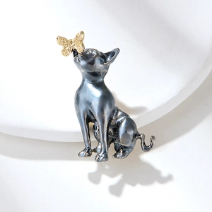 Brooch Pin Cute Persian Cat And Golden Butterfly Alloy Enamel Animal Badge Jewelry For Women Clothing Decoration
