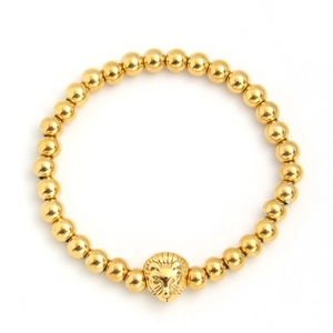 Polished 18K gold stainless steel beaded bracelet featuring a central lion head charm