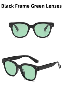 Classic square black sunglasses with green lenses and decorative silver rivets details