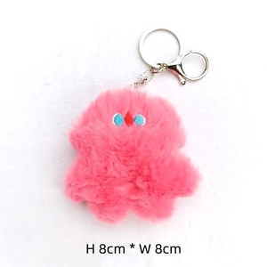 Pink plush monster keychain with embroidered eyes and silver metal hook, 8cm compact size