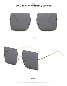 Detail view of gold frame grey lens sunglasses from front and 45-degree angles