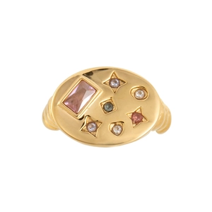 Anillo de sello dorado con piedra rectangular rosa y estrellas de circón de colores