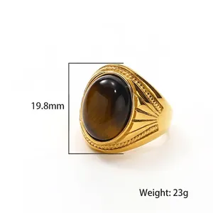Retro hip hop titanium steel ring with tiger eye stone and 19.8mm height crown