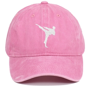 Detailed embroidery of white martial arts silhouette on a pink washed cotton baseball cap