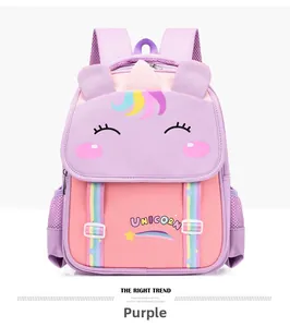 Close-up of cute purple unicorn school bag with rainbow stripes and wide straps