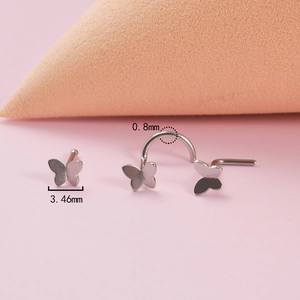 Silver butterfly nose stud set in 0.8mm gauge steel showing straight and L-shape styles