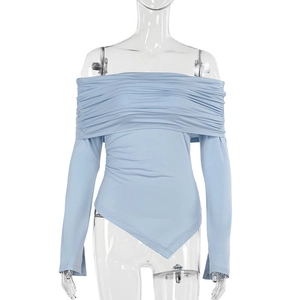 Close-up of off-the-shoulder light blue bodysuit featuring fine pleated fabric texture