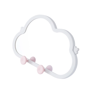 Cloud-shaped vanity mirror with white frame, storage shelf, and pink mushroom hooks
