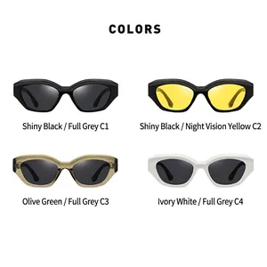 Vintage small frame cat-eye sunglasses available in black, yellow, green, and ivory colors