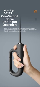 Detail of automatic umbrella with matte black carabiner handle for easy attachment