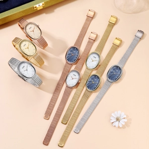 Elegant oval women's watches with mother-of-pearl dials and metal mesh bands in three colors
