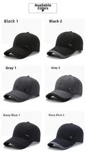 Detail view of cotton baseball caps in six colors with metallic logo accents